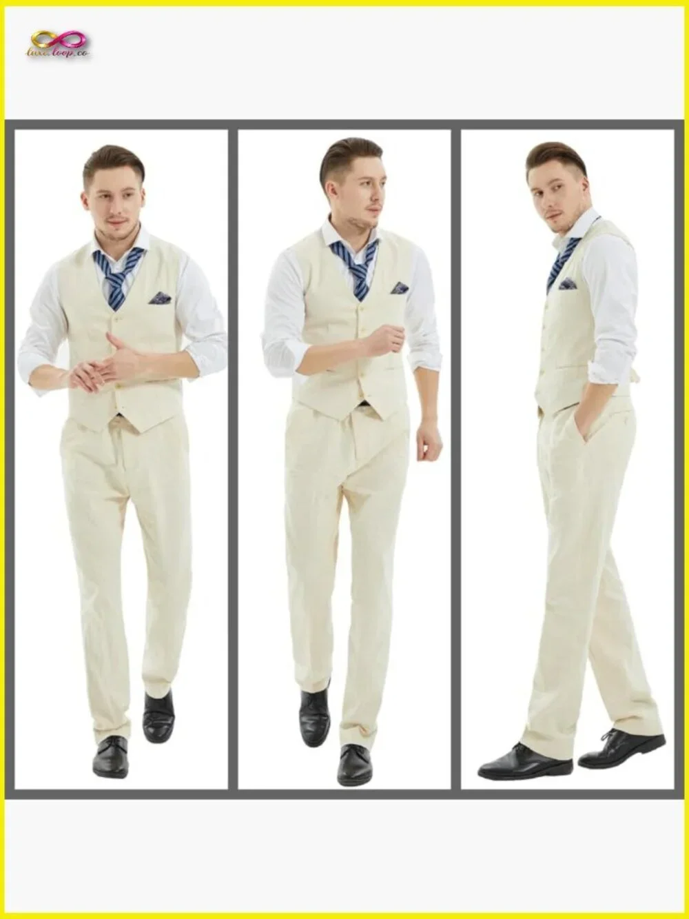 Linen Suit Slim Fit Wedding Groomsmen Summer Vest Pants Set Classic Elegant